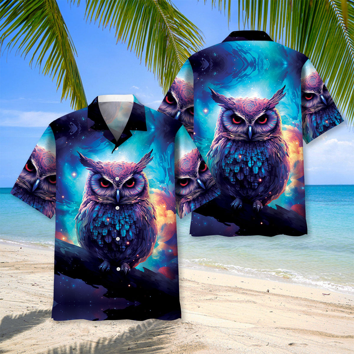 Night Sci Fi Owl Cosmic Hawaiian Shirt Pattern View For Relaxed Warm Weather Outfits