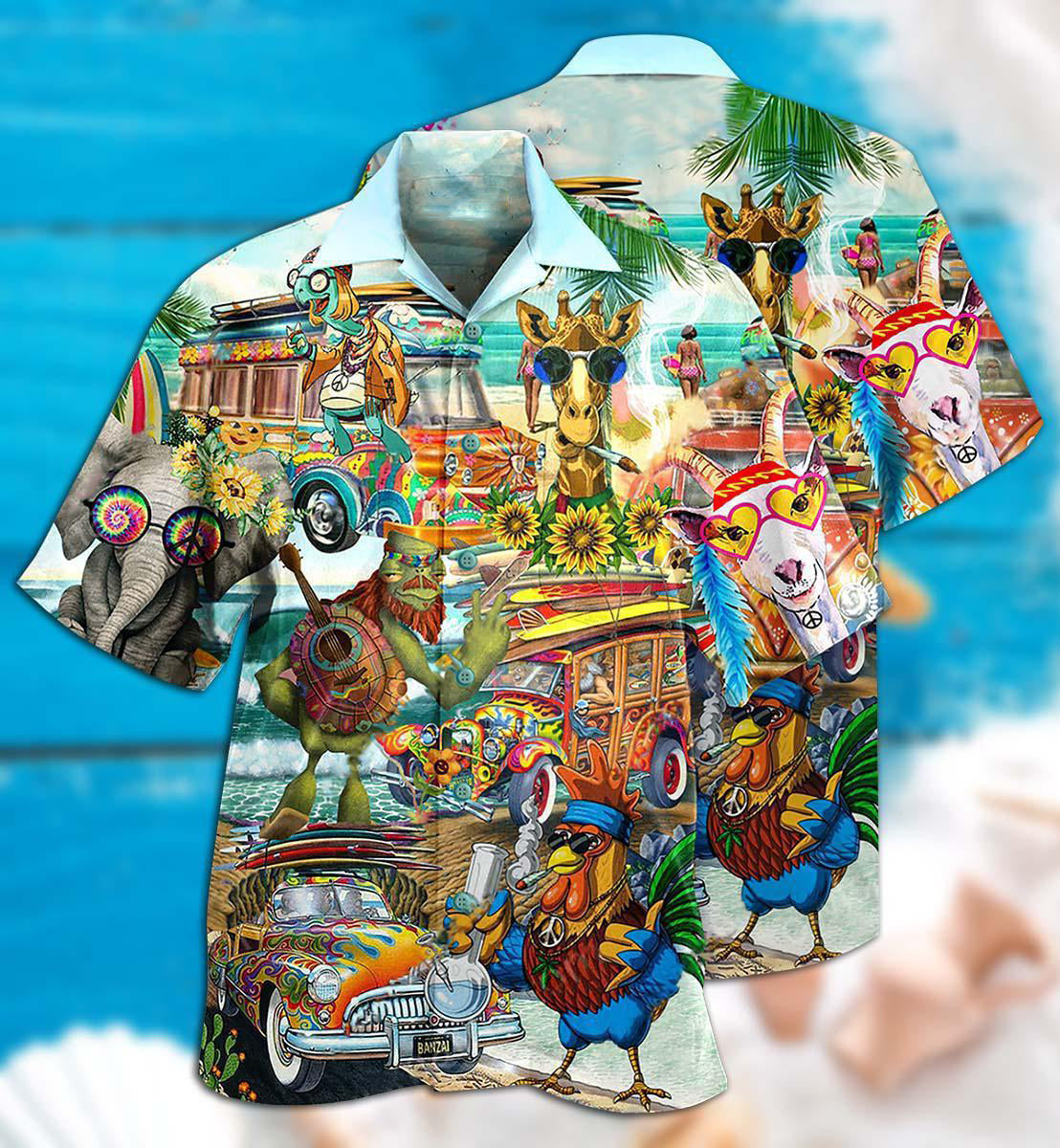 Beach Playful Hippie Peace And Wildlife Hawaiian Shirt With All Over Print For Tropical Escapes Resort Wear And Outdoor