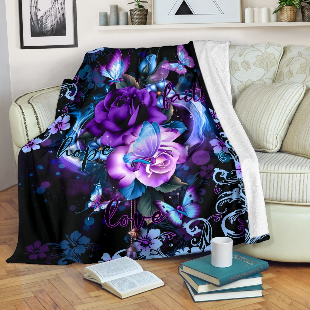 Mental Health Awareness Rose Butterfly Flannel Blanket For Cozy Bedroom Sofa Decor