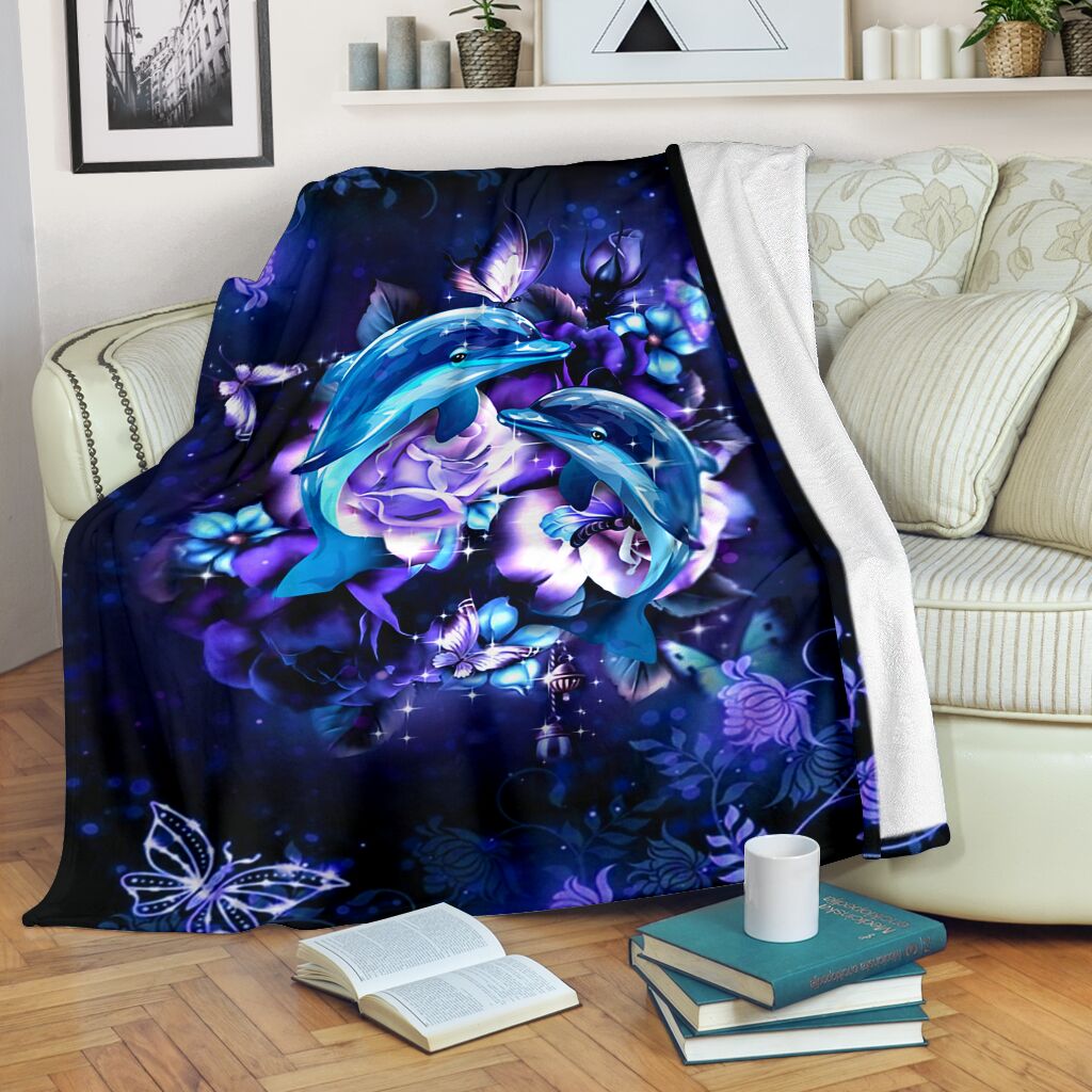 Dolphin And Blue Flowers Flannel Blanket For Cozy Bedroom Sofa Decor