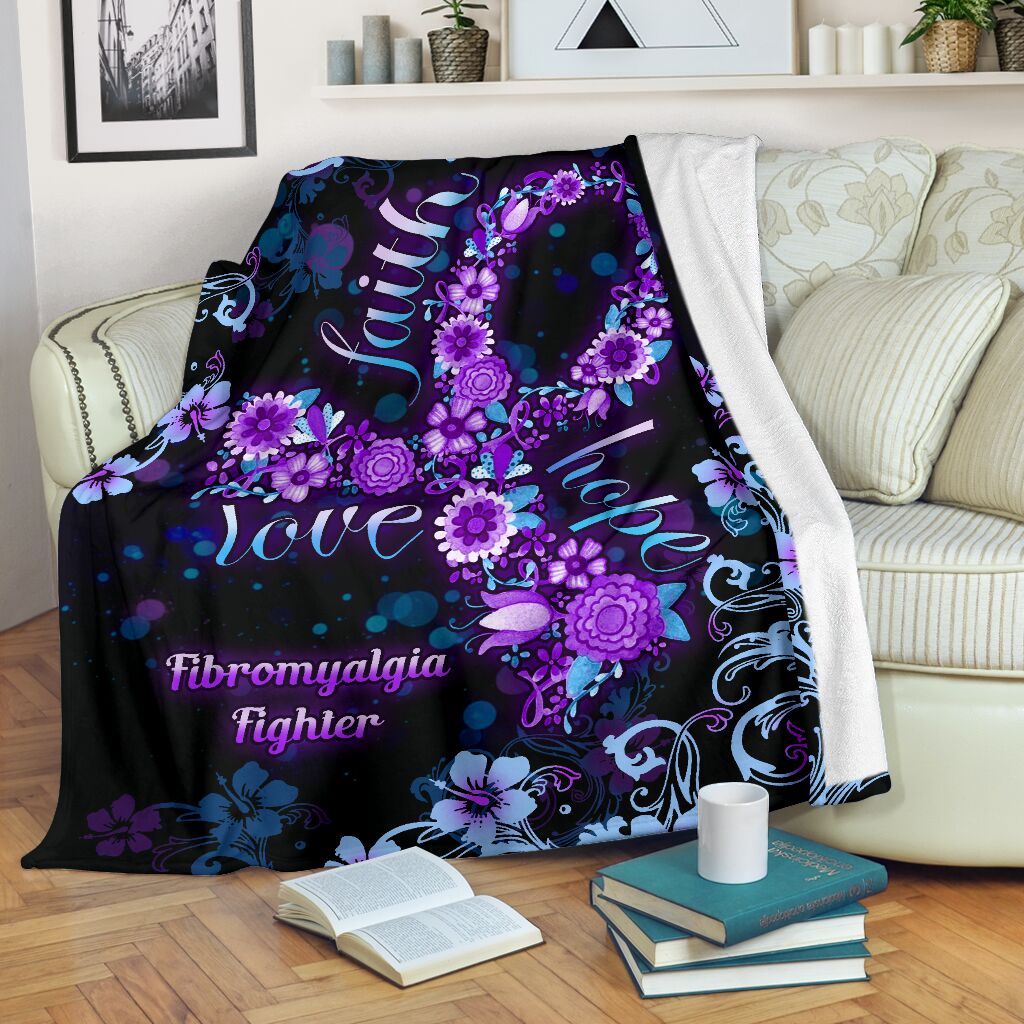 Flower Faith Hope Love Fibromyalgia Awareness Flannel Blanket For Cozy Bedroom Sofa Decor