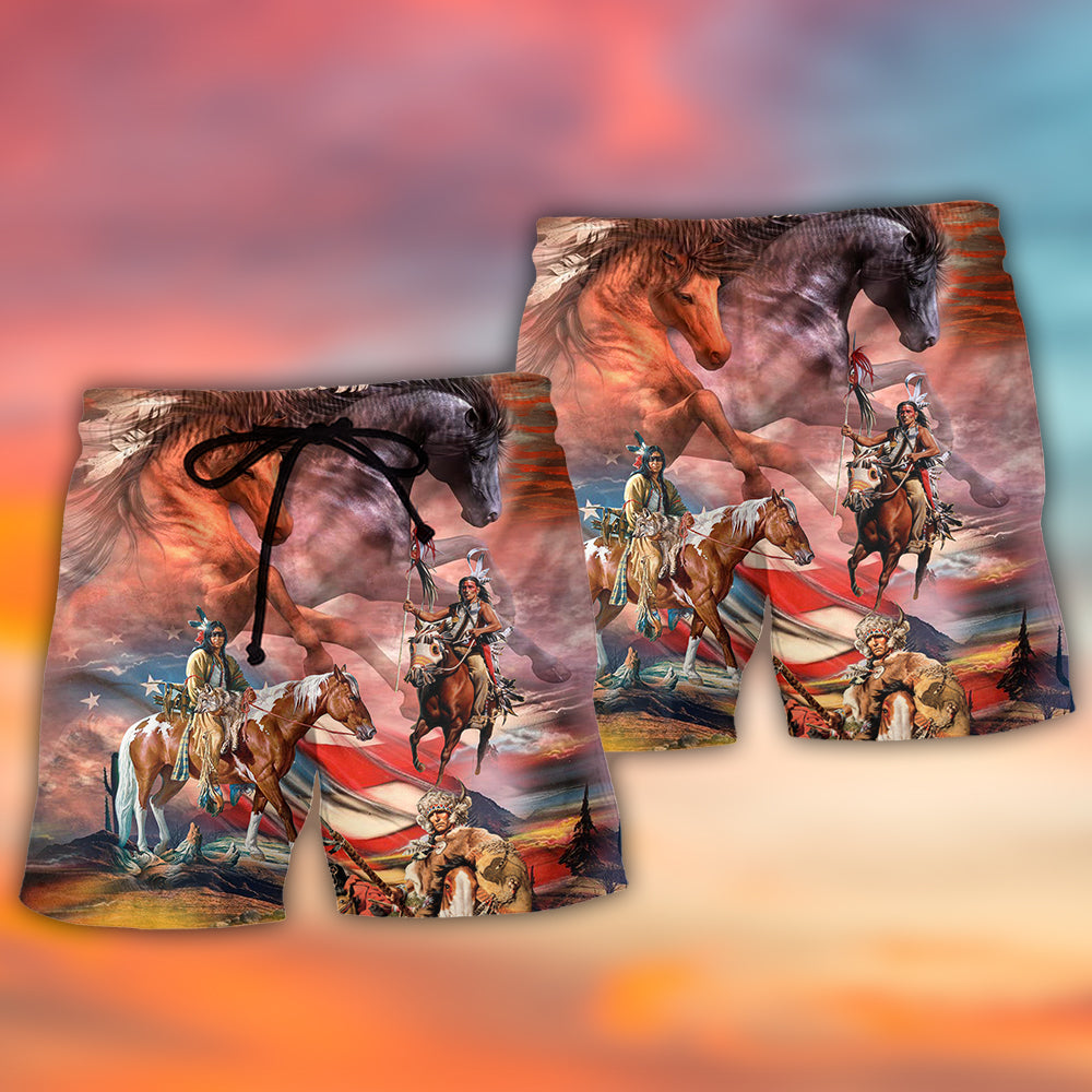 Native American Horse USA Flag Independence Day Beach Shorts Pattern View For Resort Days And Outdoor Activities