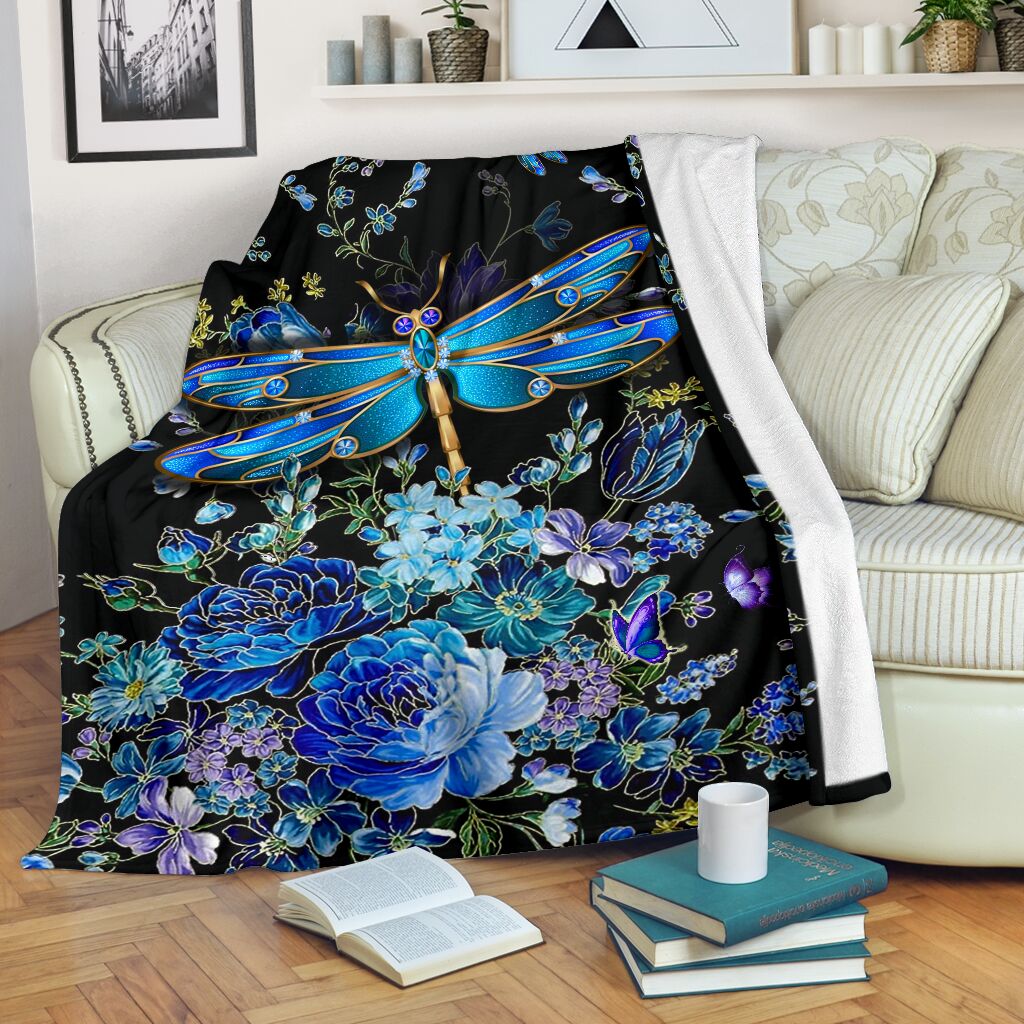 Dragonfly Blue Floral Flannel Blanket For Cozy Bedroom Sofa Decor