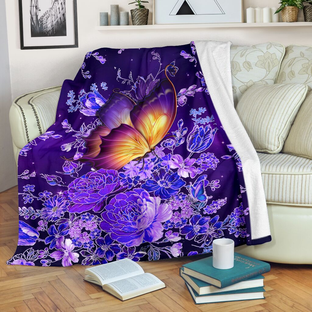 Butterfly With Purple Flowers Flannel Blanket For Cozy Bedroom Sofa Decor