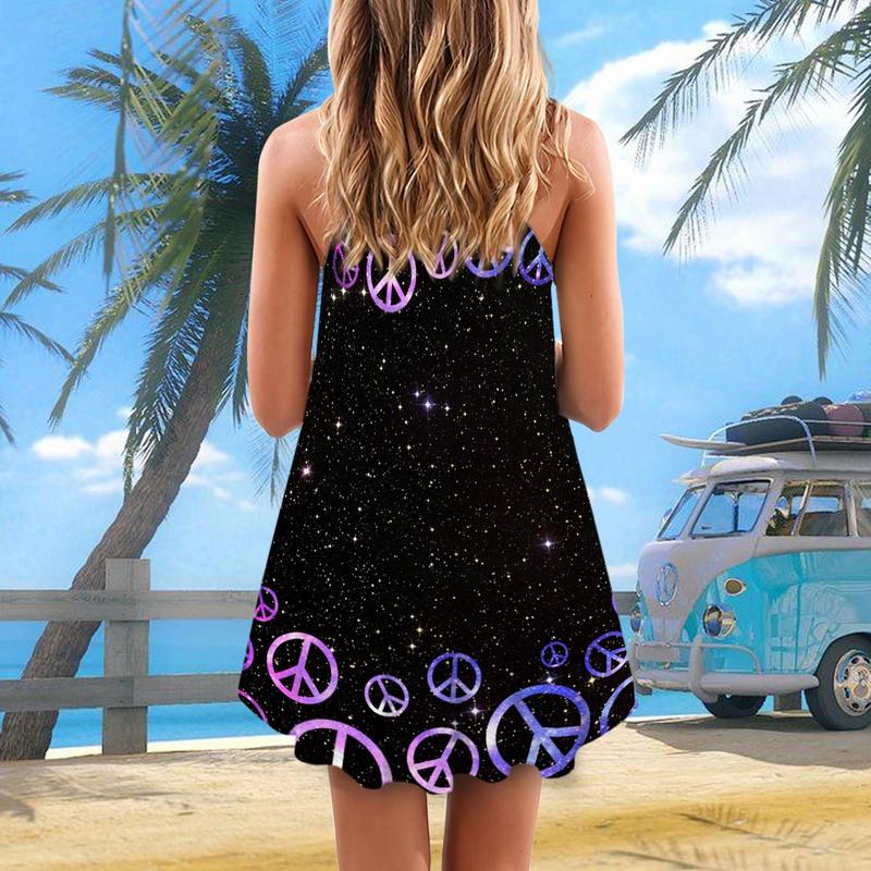 Hippie Peaceful Loves V-Neck Sleeveless Cami Dress For Vacations And Artistic Everyday Fashion