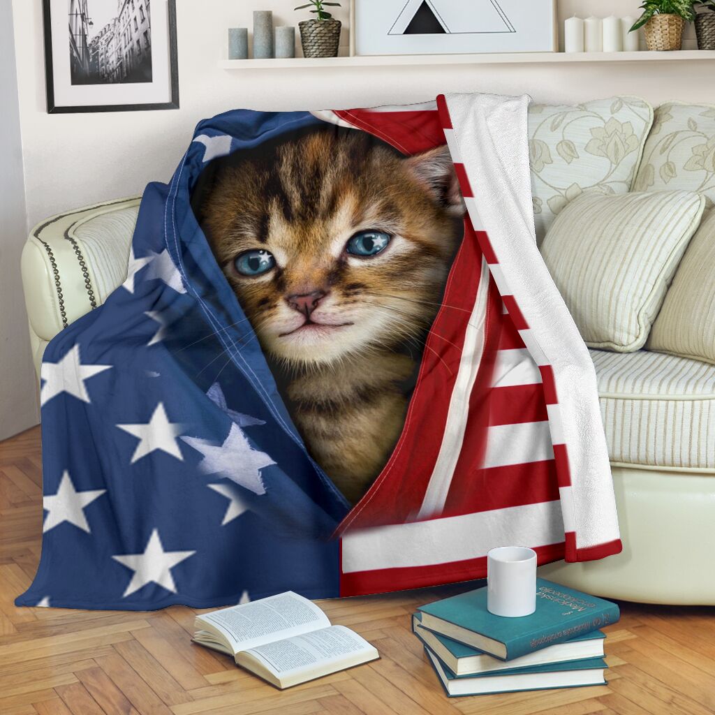 Cat Kitten Opened American Flag Flannel Blanket For Cozy Bedroom Sofa Decor