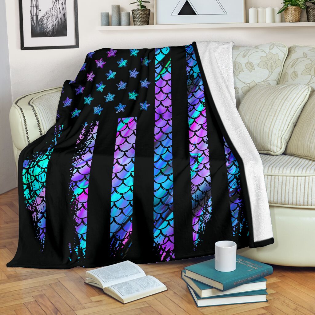 Mermaid American Flag Flannel Blanket For Cozy Bedroom Sofa Decor
