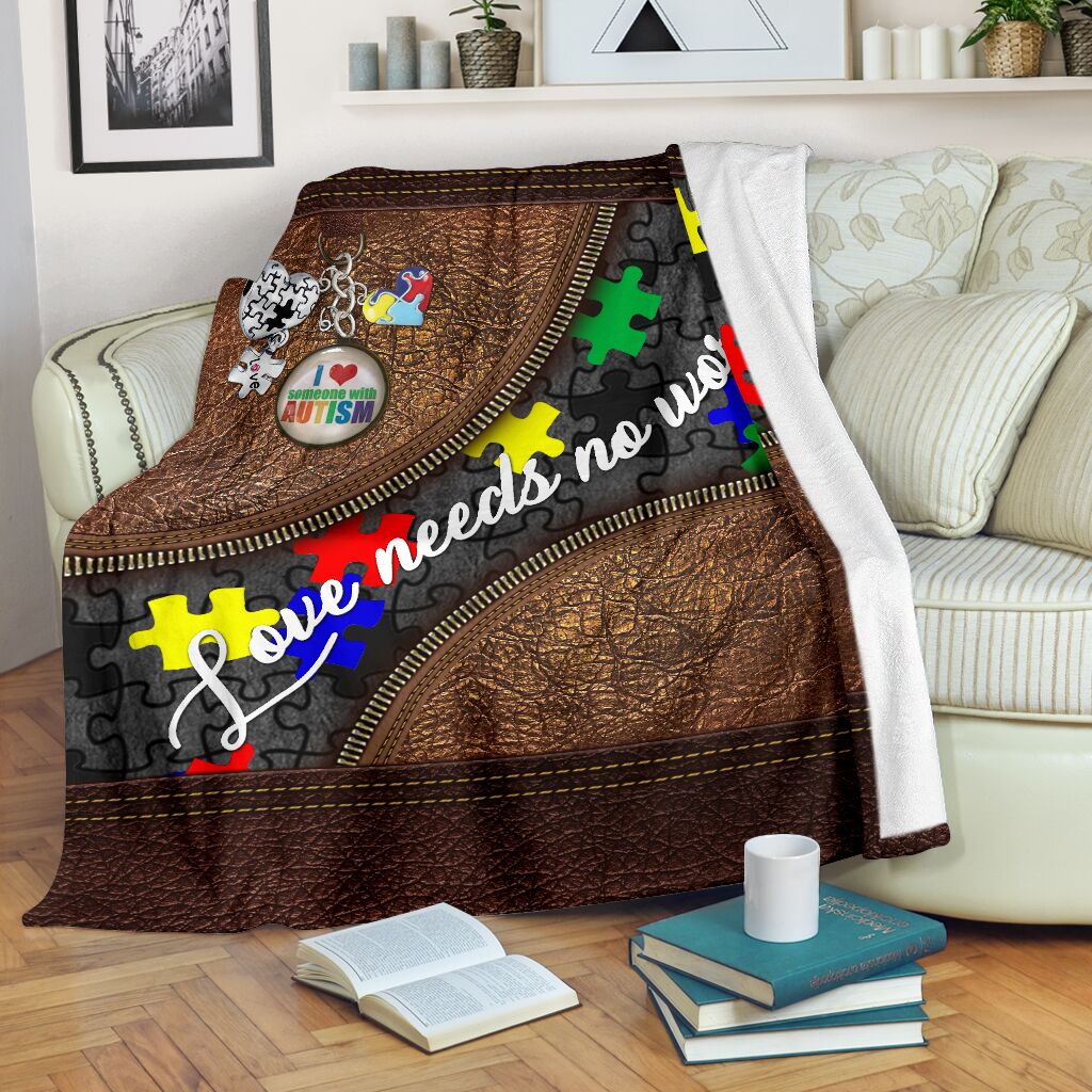 Autism Awareness Love Needs No Words Leather Pattern Flannel Blanket For Cozy Bedroom Sofa Decor