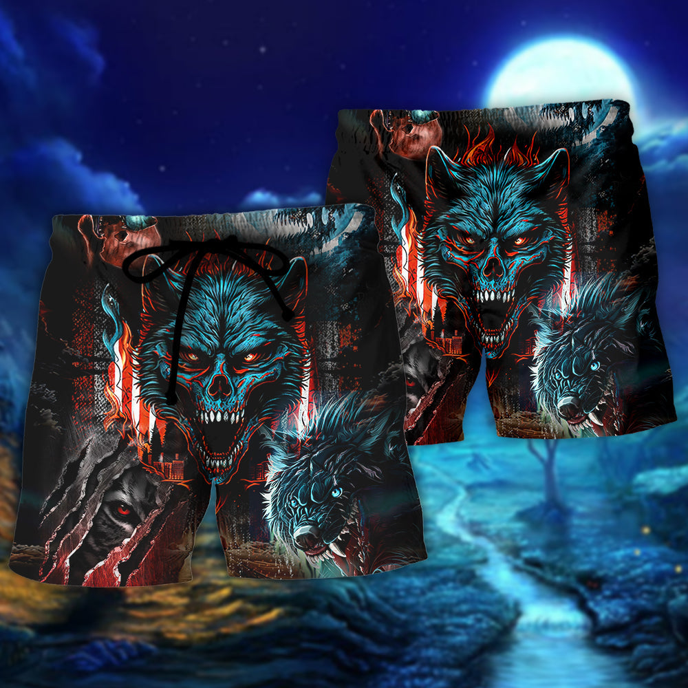 Skull Wolf Beach Shorts Pattern Detail For Seaside Leisure And Bright Seasonal Outfits