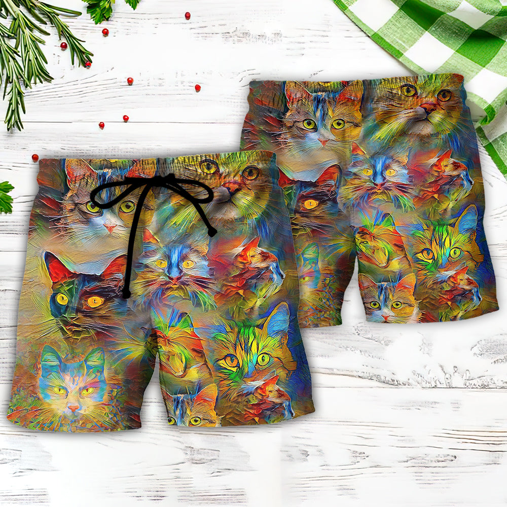 Colorful Cat Beach Shorts Pattern Detail For Island Trips And Easy Warm Weather Wear