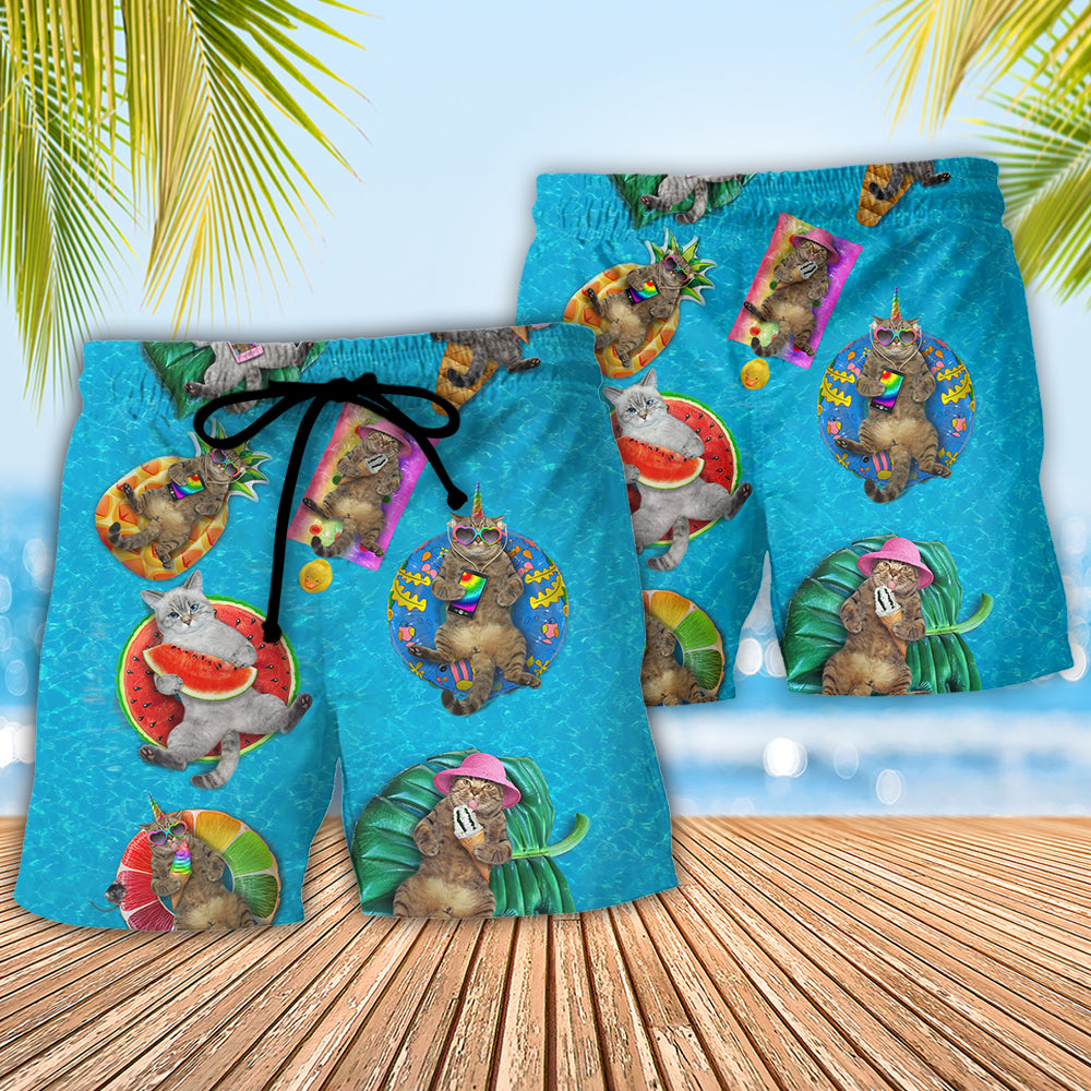 Coastal Sunshine Cat Sunbathing Sun-Kissed Beach Shorts Pattern Detail For Island Trips And Weekend Casual Style