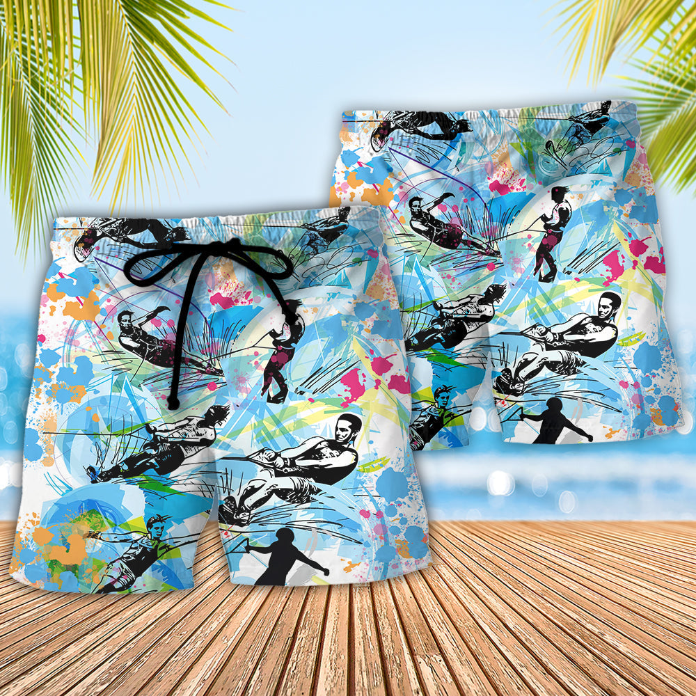 Retro Water Skiing Beach Shorts Pattern Detail For Coastal Travel And Versatile Outdoor Wear