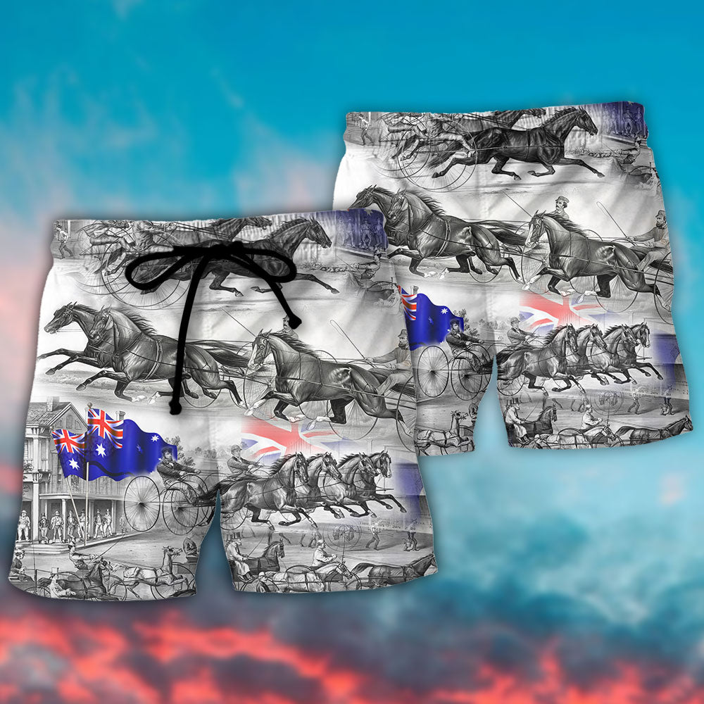 Harness Racing Racing Horse Road Trip Flag Beach Shorts Pattern Detail For Coastal Travel And Leisure And Relaxation