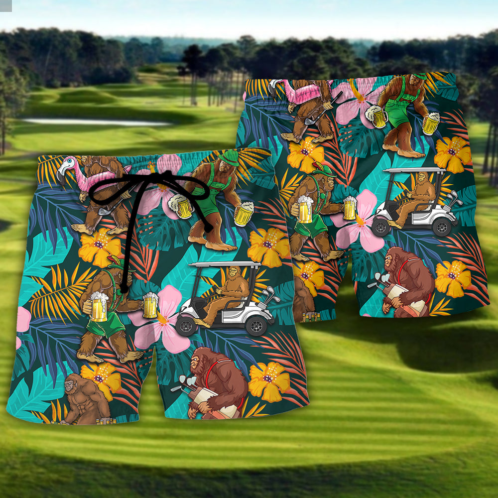 Golf Bigfoot Playing Golf Beer Lover Tropical Beach Shorts For Weekend Recreation And Style