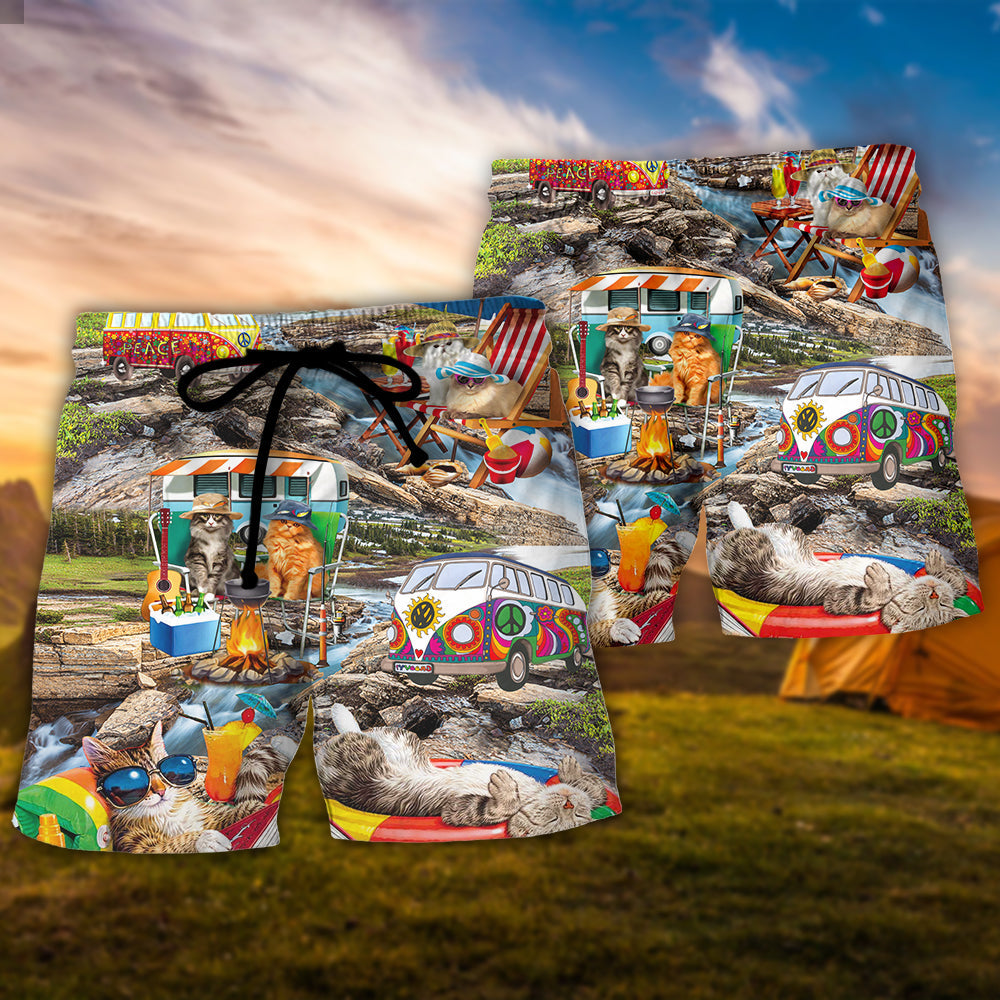 Camping Cat Beach Shorts Pattern Detail For Relaxed Weekends And Versatile Outdoor Wear