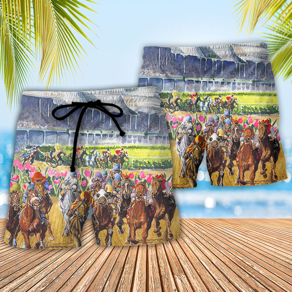 Horseback Riding Horse Beach Shorts Pattern Detail For Resort Wear And Relaxed Casual Wear