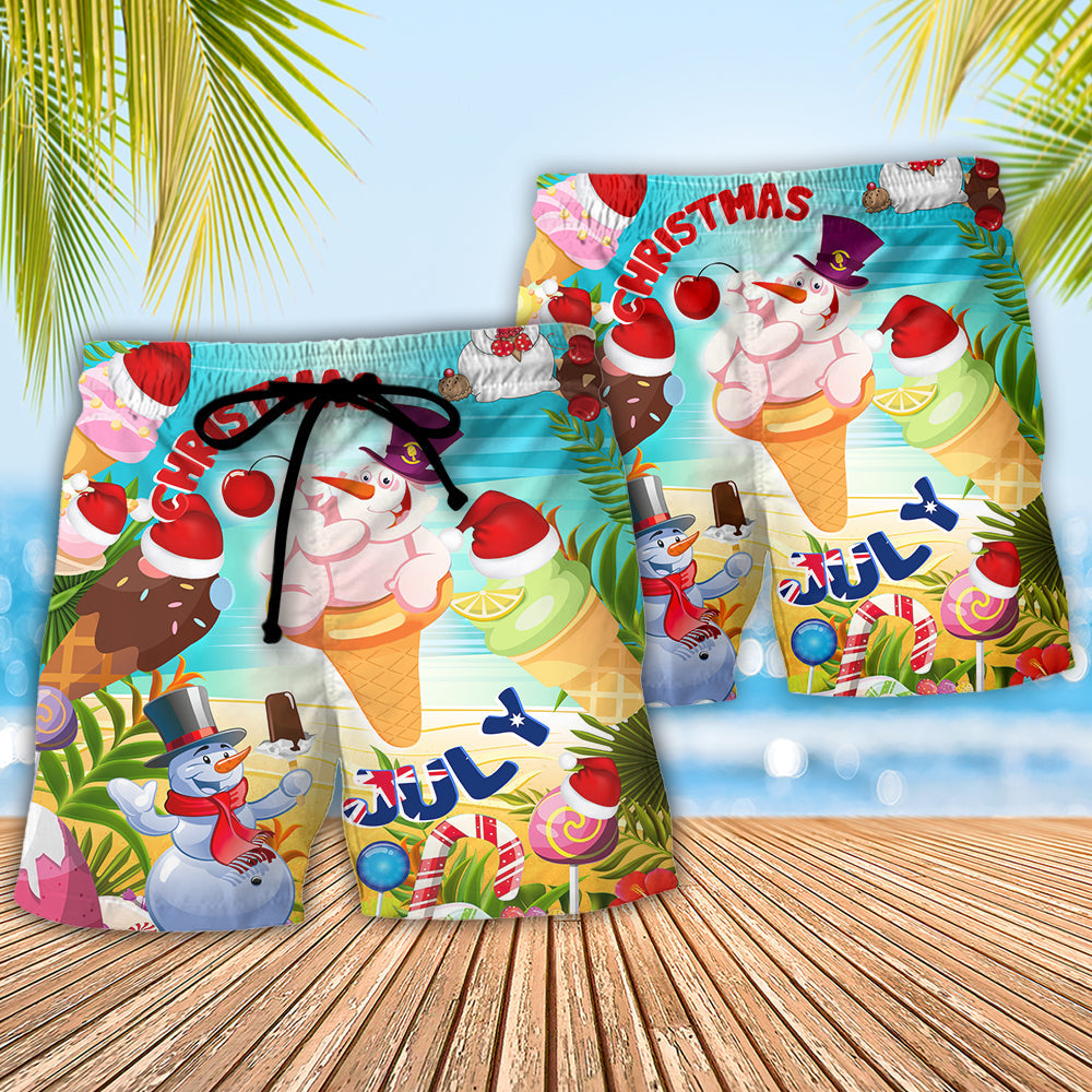 Christmas In July Ice Summer Snowman Beach Shorts Pattern Detail For Vacation Style And Everyday Comfort