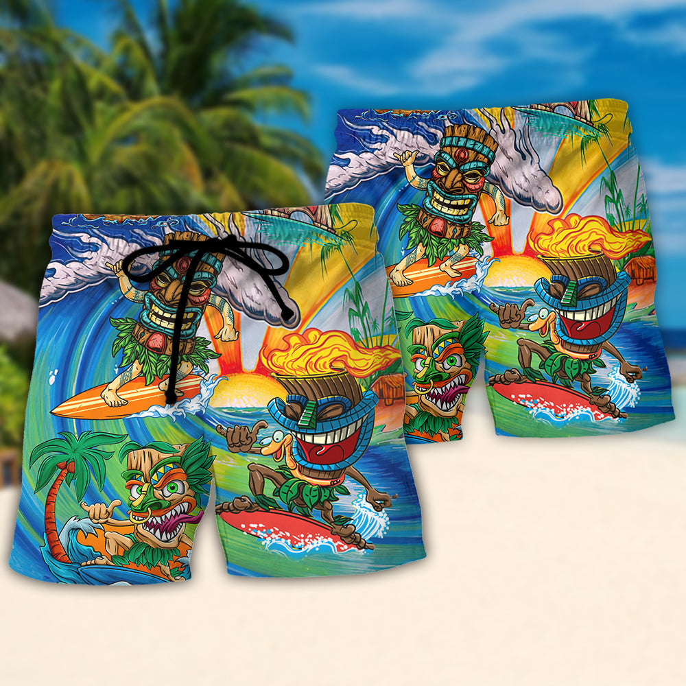 Surfing Tiki Show Me Your Tikis Funny Surf Theme Beach Shorts For Seaside Summer Adventures