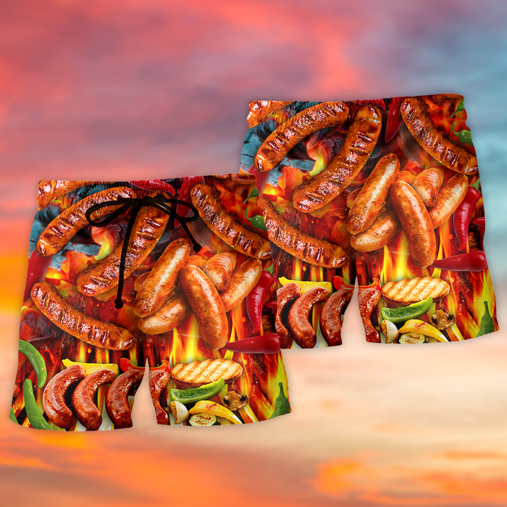 BBQ Sausage Beach Shorts Pattern Detail For Summer Travel And Weekend Casual Style