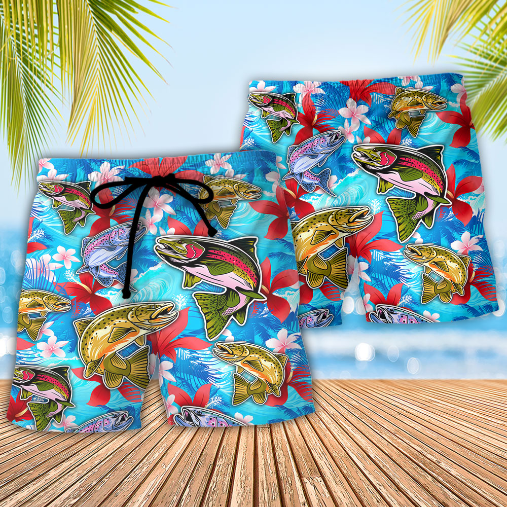 Tropical Fishing Hunting Beach Shorts Pattern Detail For Vacation Style And Easy Warm Weather Wear