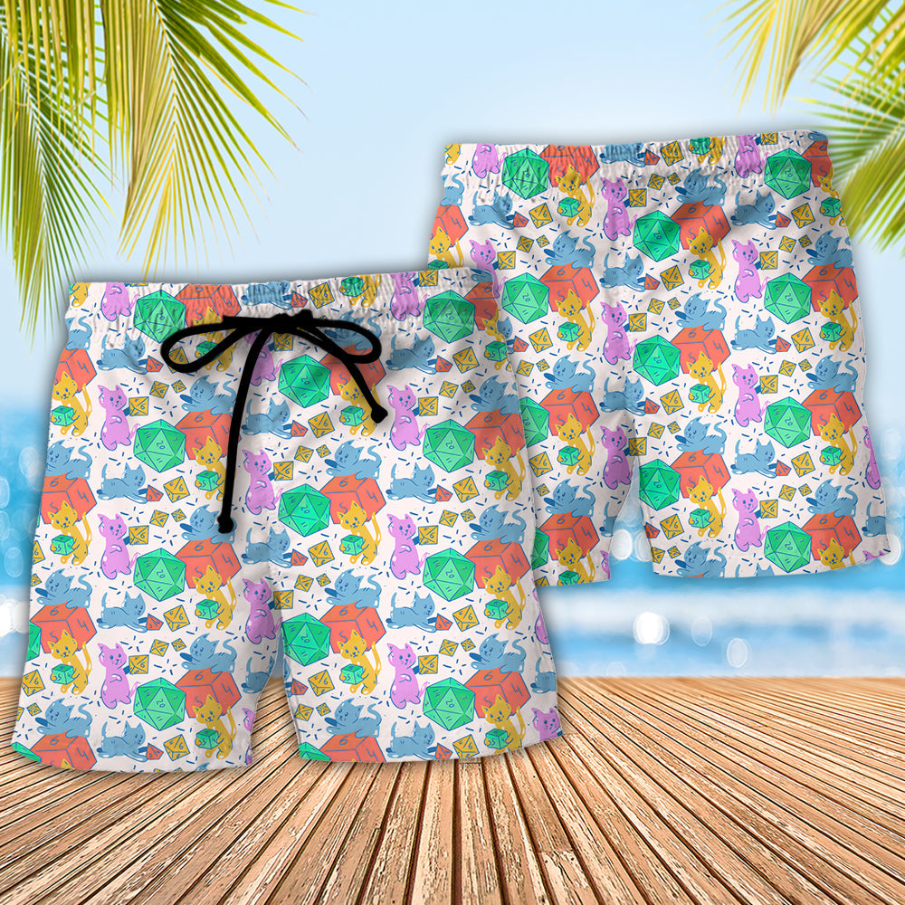 Fantasy Roleplaying Cat Dice Beach Shorts Pattern Detail For Vacation Style And Leisure And Relaxation