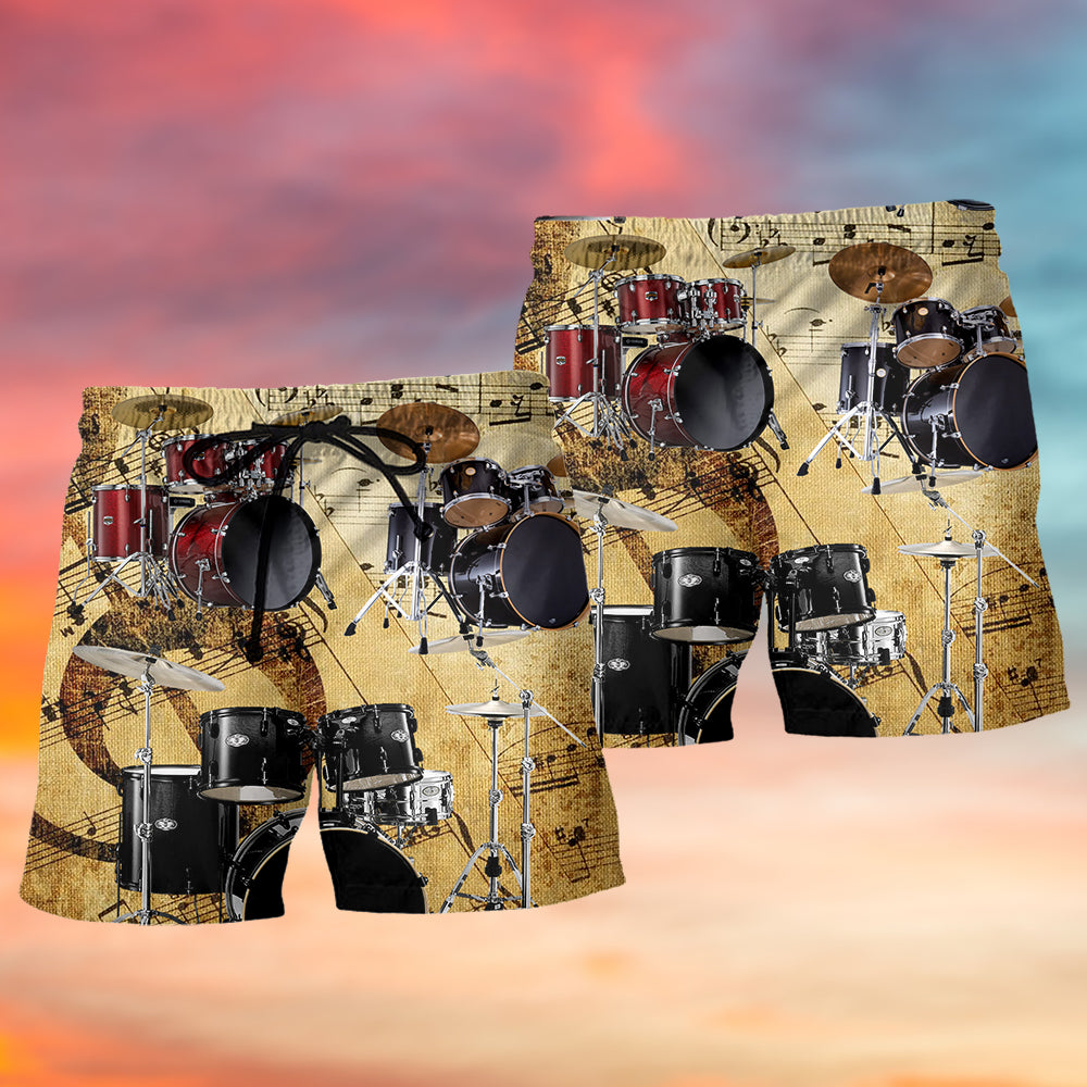 Drum Music Notes Vintage Art Style Beach Shorts For Music Lover Vacation Wear