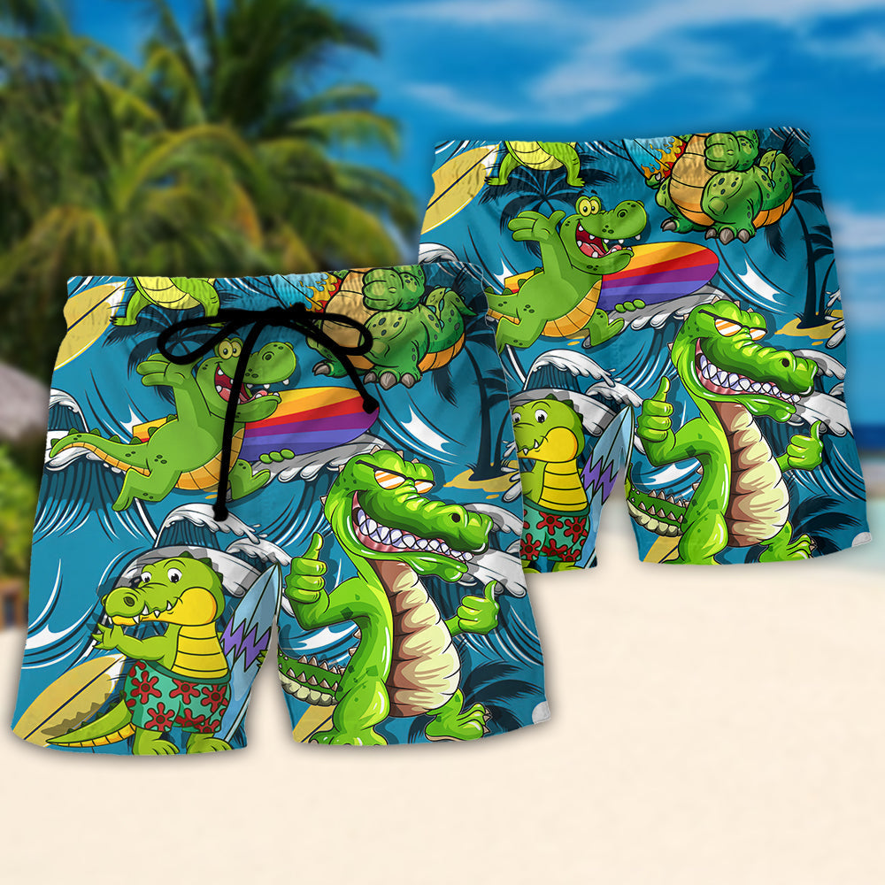 Surfing Crocodile Wave Beach Shorts Pattern Detail For Sunny Day Adventures And Bright Seasonal Outfits