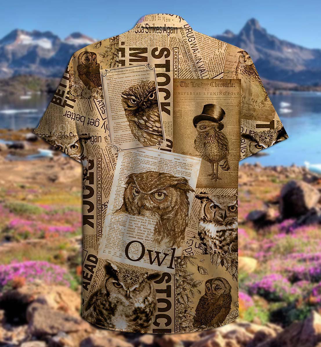Retro Vintage Owl Paper Hawaiian Shirt Artwork Detail For Resort Trips And Outdoor Activities