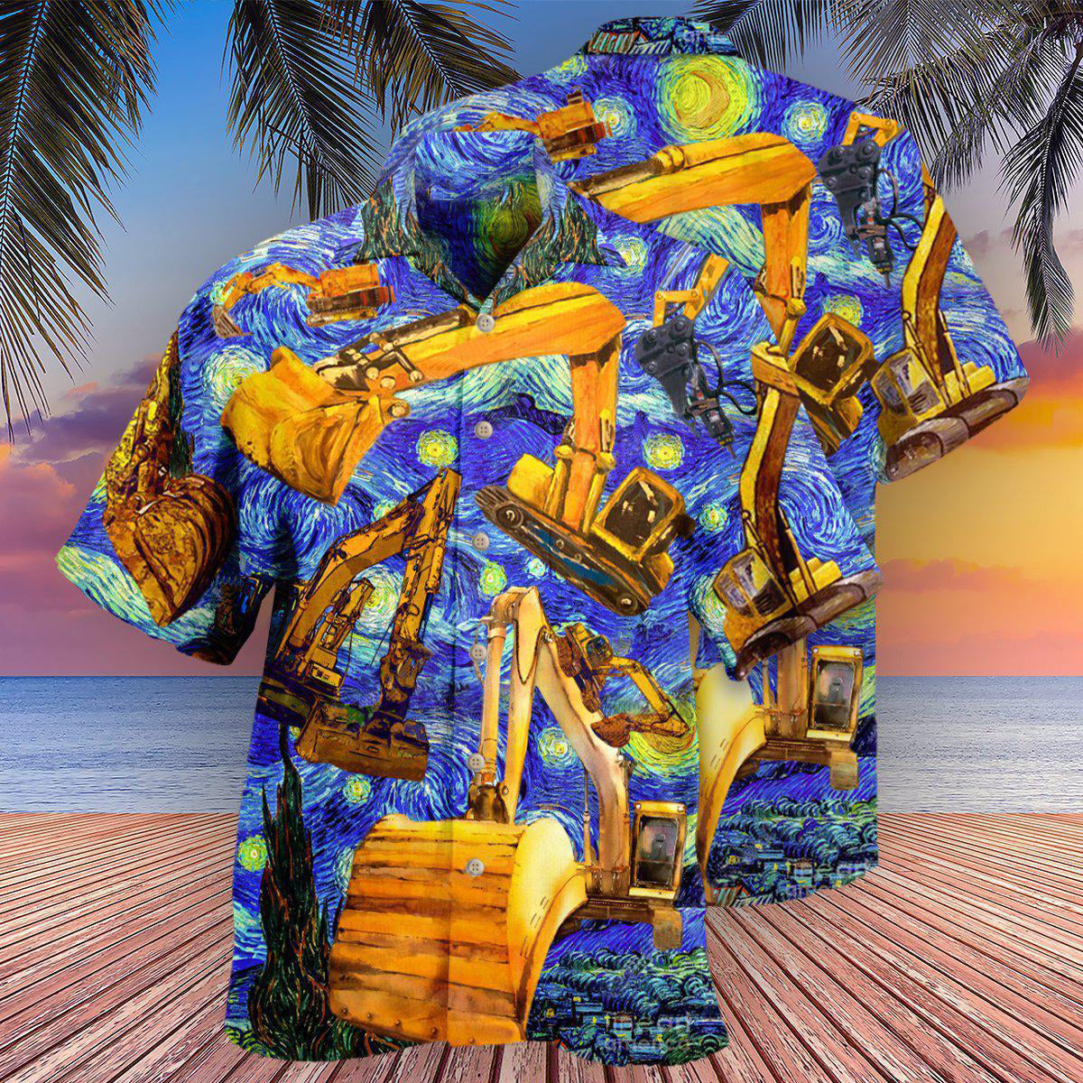Excavator Hawaiian Shirt With Detailed Graphic For Coastal Adventures Summer Events And Everyday Comfort