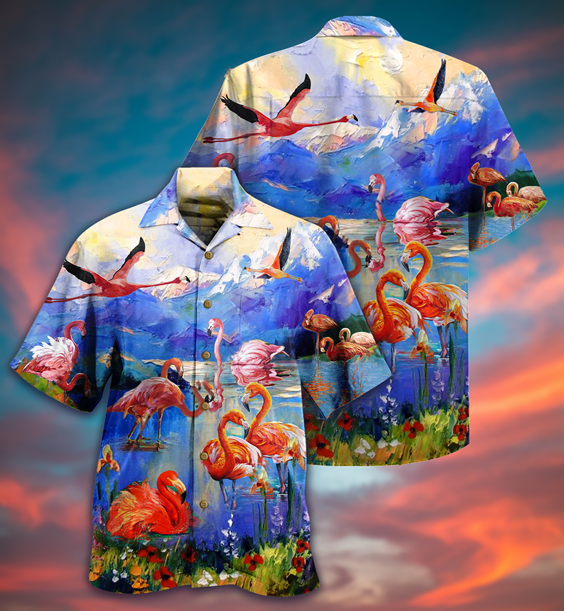 Flamingo Island Hawaiian Shirt Pattern Detail For Vacation Travel And Daily Wear
