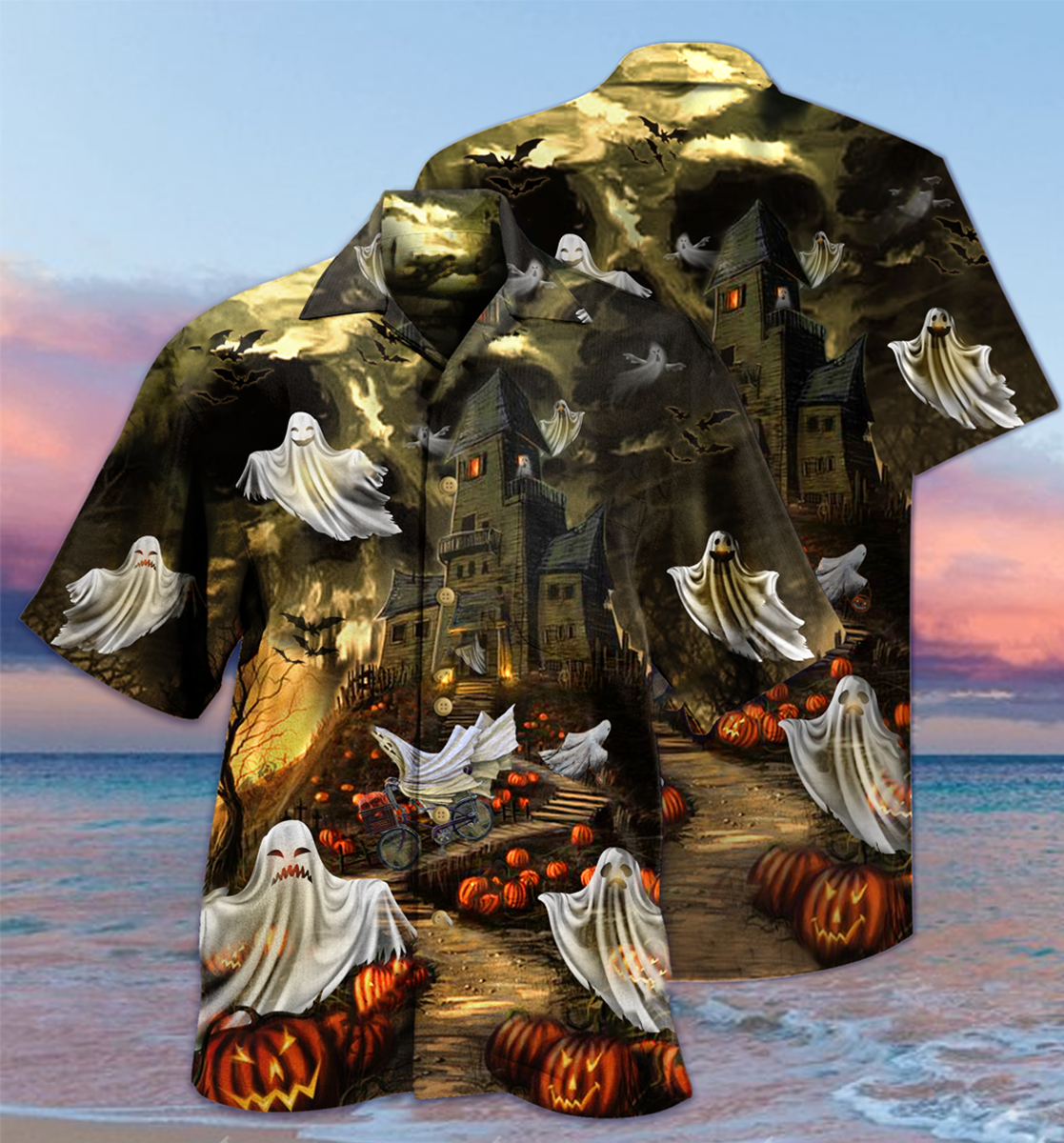 Halloween Night Ghost Hawaiian Shirt Design View For Resort Travel And Thoughtful Gifting