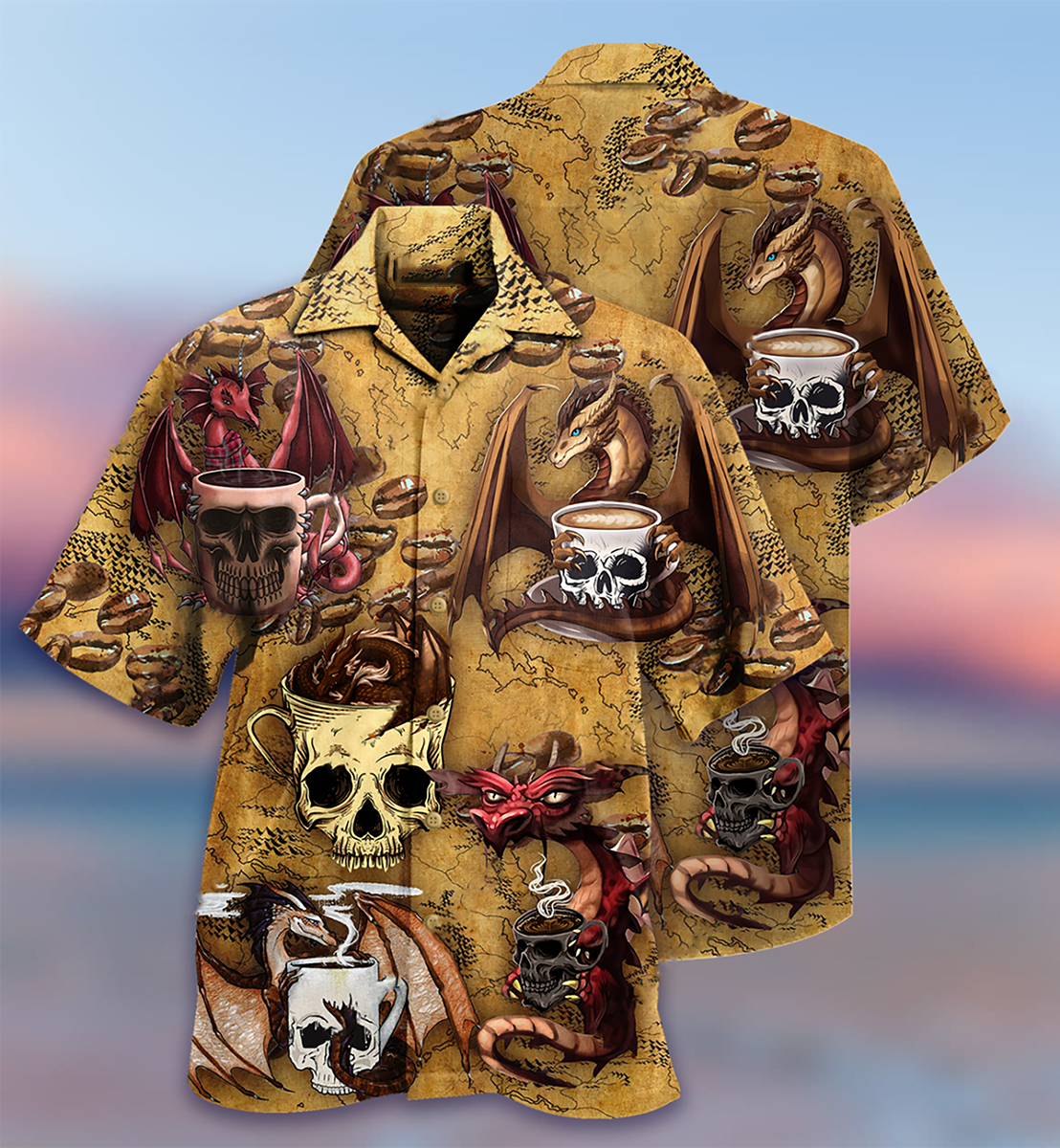 Vintage Dragon Coffee Skull Hawaiian Shirt Design Detail For Sunny Adventures And Casual Wear