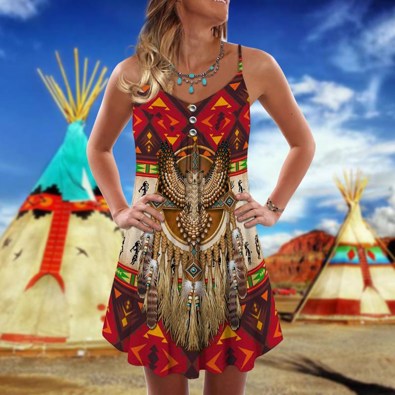 Native Owls V-Neck Sleeveless Cami Dress For Outdoor Events And Comfortable Summer Outfits