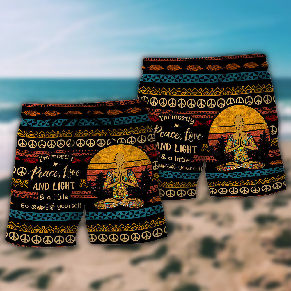Peace Love Light Empowered Yoga Beach Shorts Pattern View For Vacation Travel And Outdoor Fun