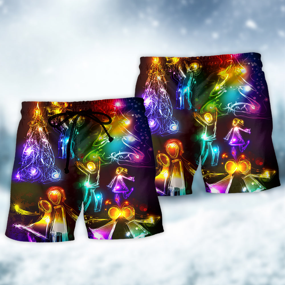 Christmas Family Love Tree Neon Lights Beach Shorts Design Detail For Weekend Getaways And Beach Days