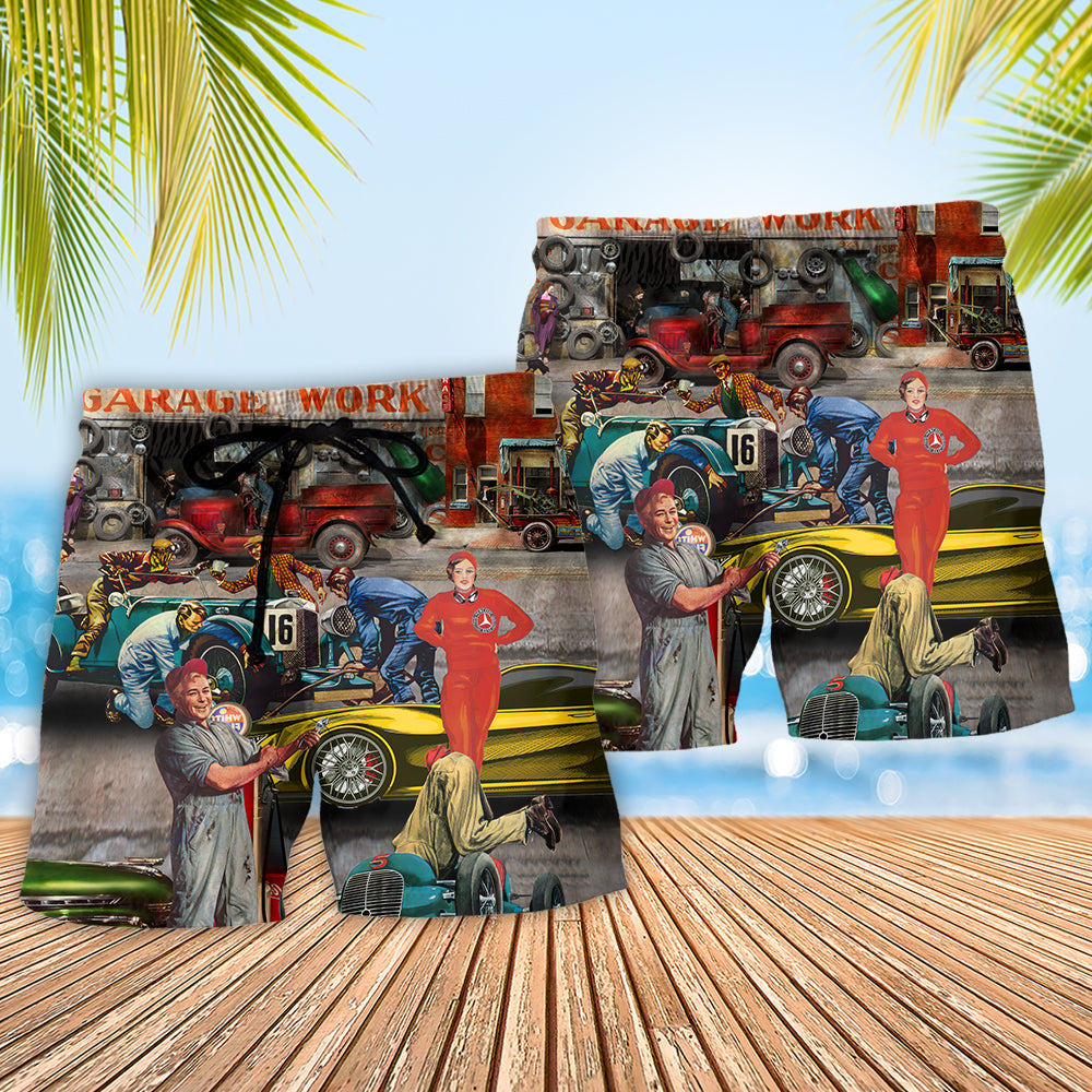 Retro Auto Mechanic Car Beach Shorts Pattern Detail For Weekend Travel And Everyday Comfort