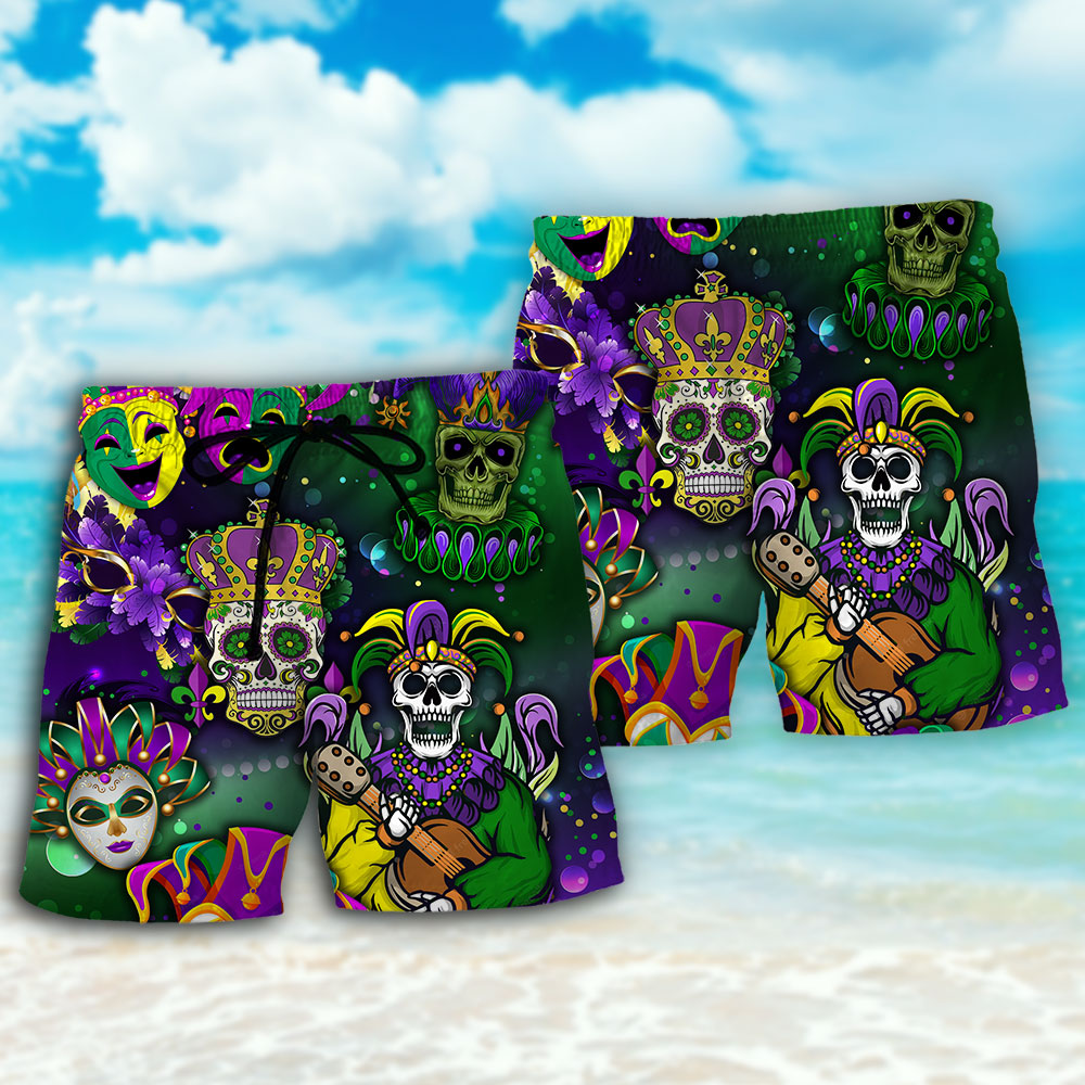 Mardi Gras Skull Green Beach Shorts Pattern Detail For Weekend Travel And Laid Back Daily Wear