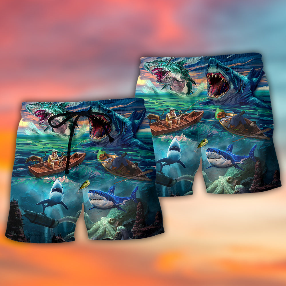 Shark Fishing Crazy Ocean Beach Shorts Design View For Poolside Relaxation And Holiday Trips