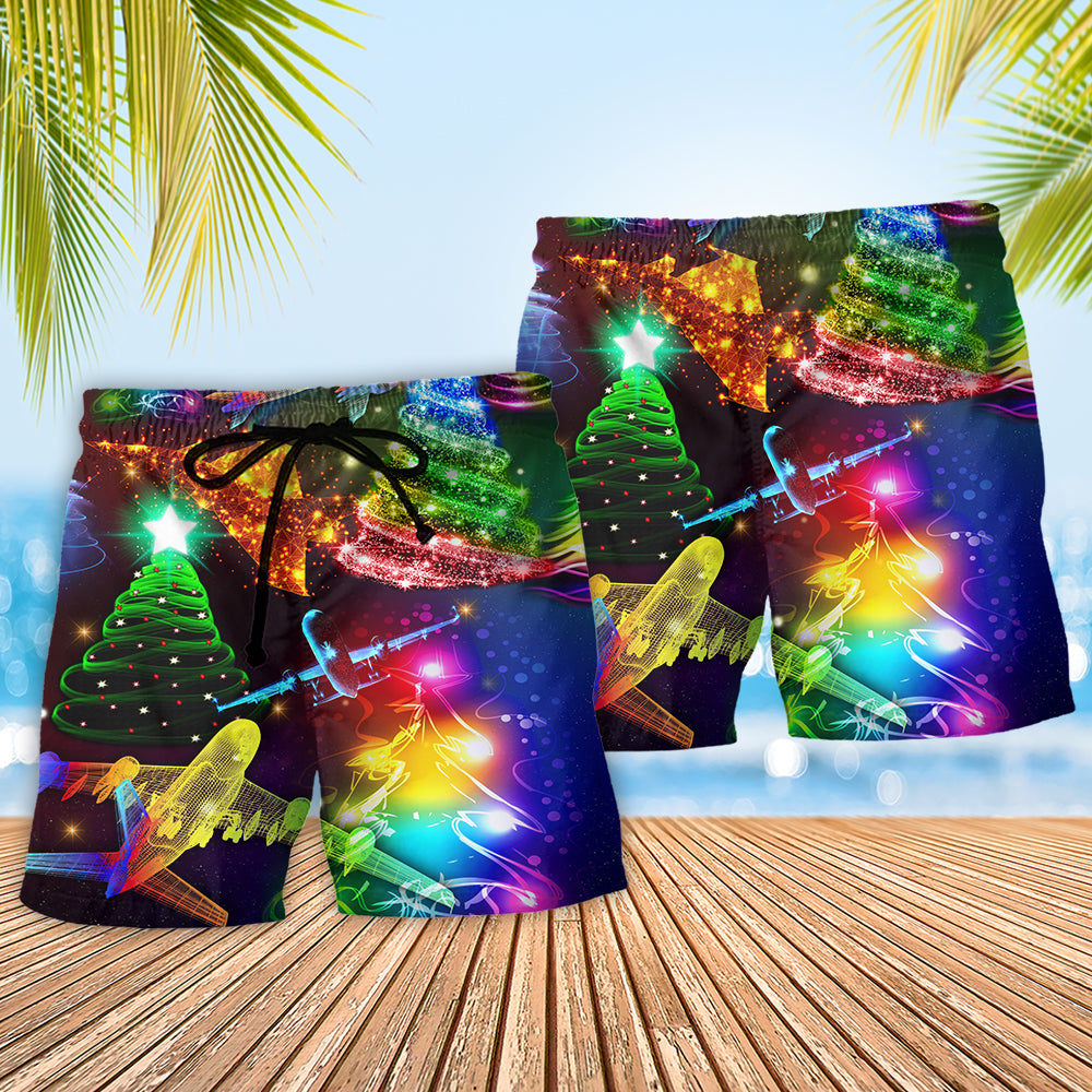Christmas Military Airplane Beach Shorts Pattern Detail For Island Trips And Relaxed Casual Style