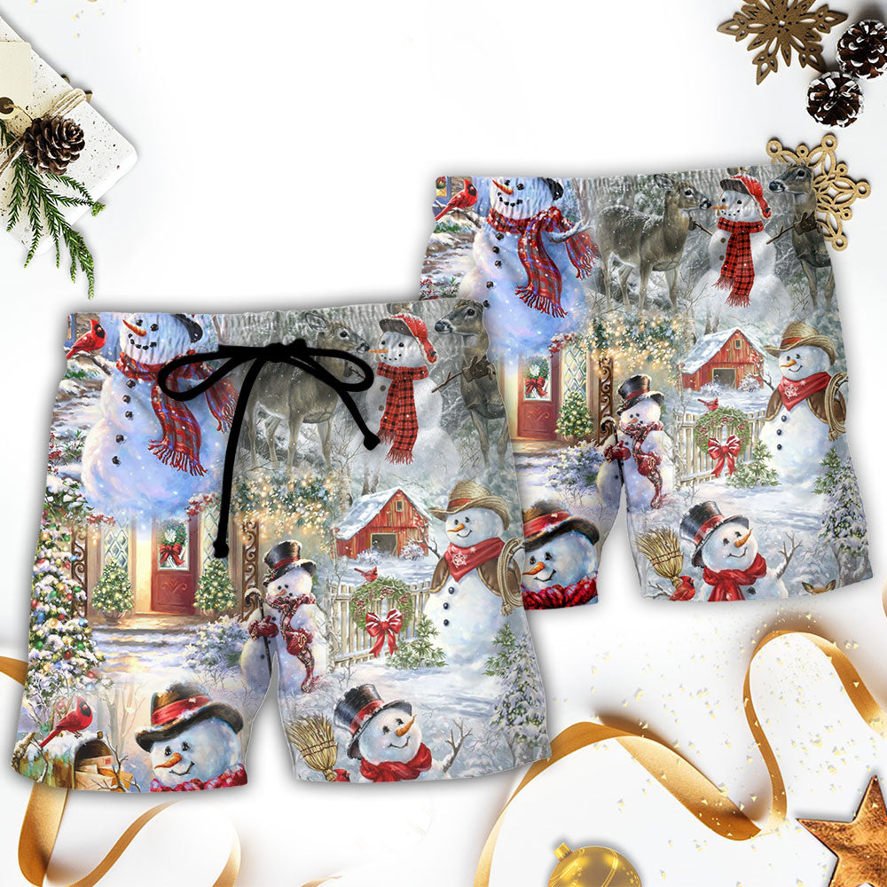 Christmas Snowman Beach Shorts Design Detail For Resort And Beach Day Style