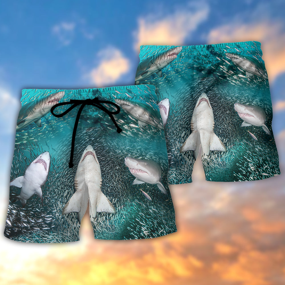 Shark Feeding Frenzy Ocean Life Beach Shorts Pattern Detail For Relaxed Warm Weather Outfits