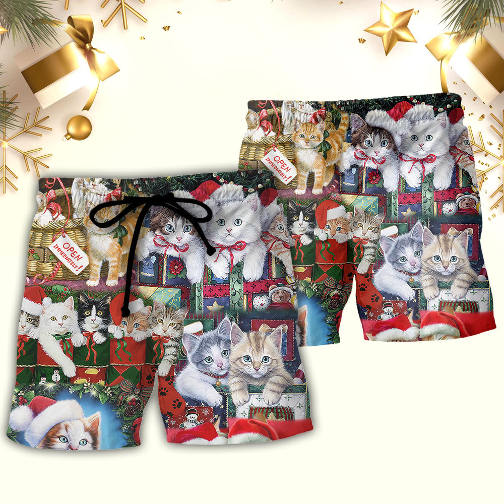 Cat Christmas Tree Spirit Beach Shorts Design Detail For Seasonal Resort Style
