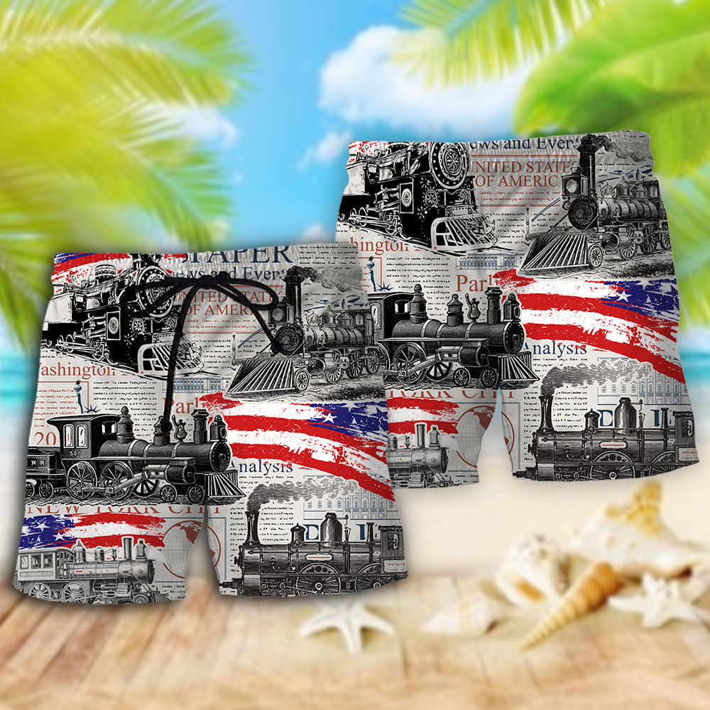 Retro Train USA Flag Independence Day Beach Shorts For Resort Travel And Thoughtful Summer Gifting