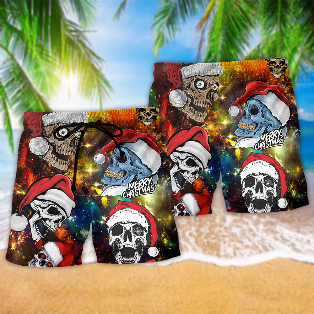 Skull Christmas Happy Beach Shorts Design Detail For Seasonal Resort Style