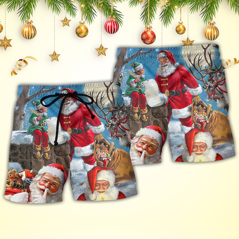 Funny Santa Elf Christmas Sky Beach Shorts Design View For Summer Events And Coastal Getaways