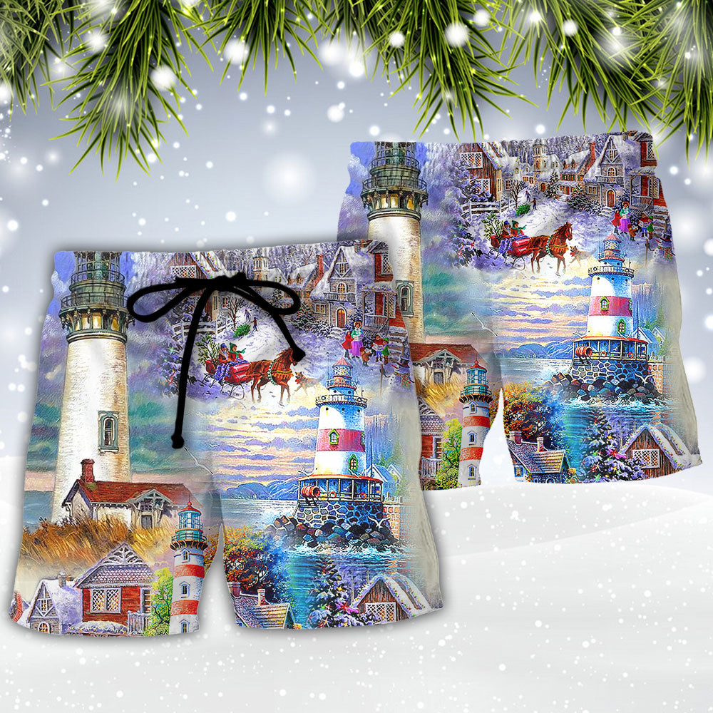 Christmas Lighthouse Santa Storm Beach Shorts For Tropical Getaways And Weekend Adventures