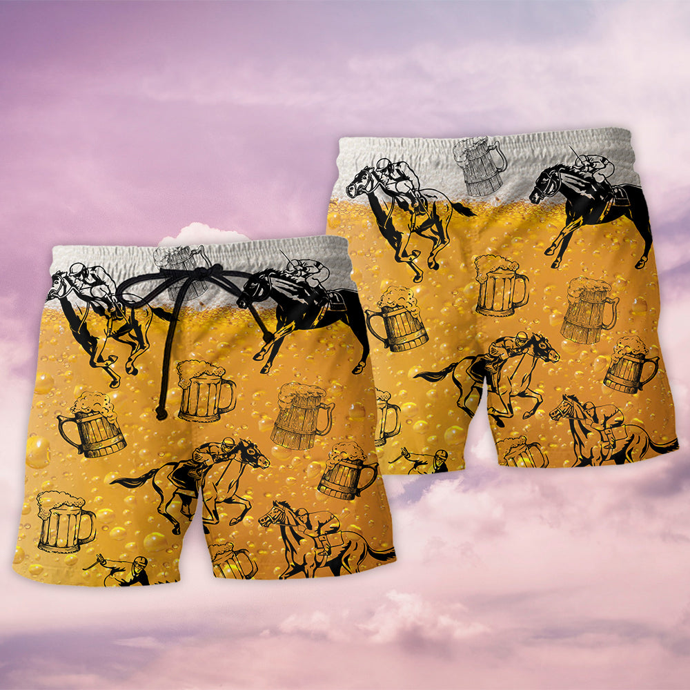 Horse Racing And Beer Lover Beach Shorts Pattern View For Weekend Trips And Outdoor Activities