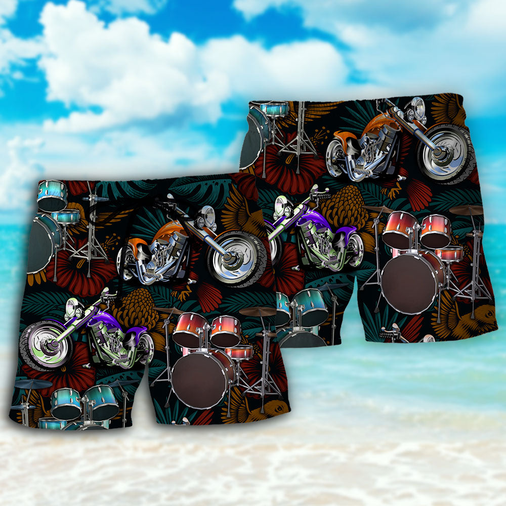Drum And Motorcycle Lover Beach Shorts For Summer Vacation And Coastal Travel