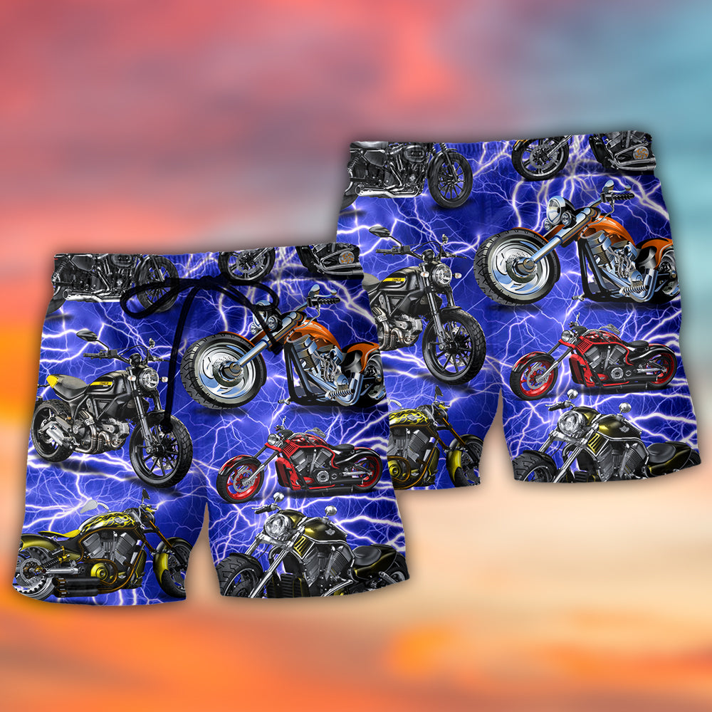 Motorcycle Lover Blue Lightning Cool Beach Shorts Pattern View For Vacation Travel And Outdoor Fun