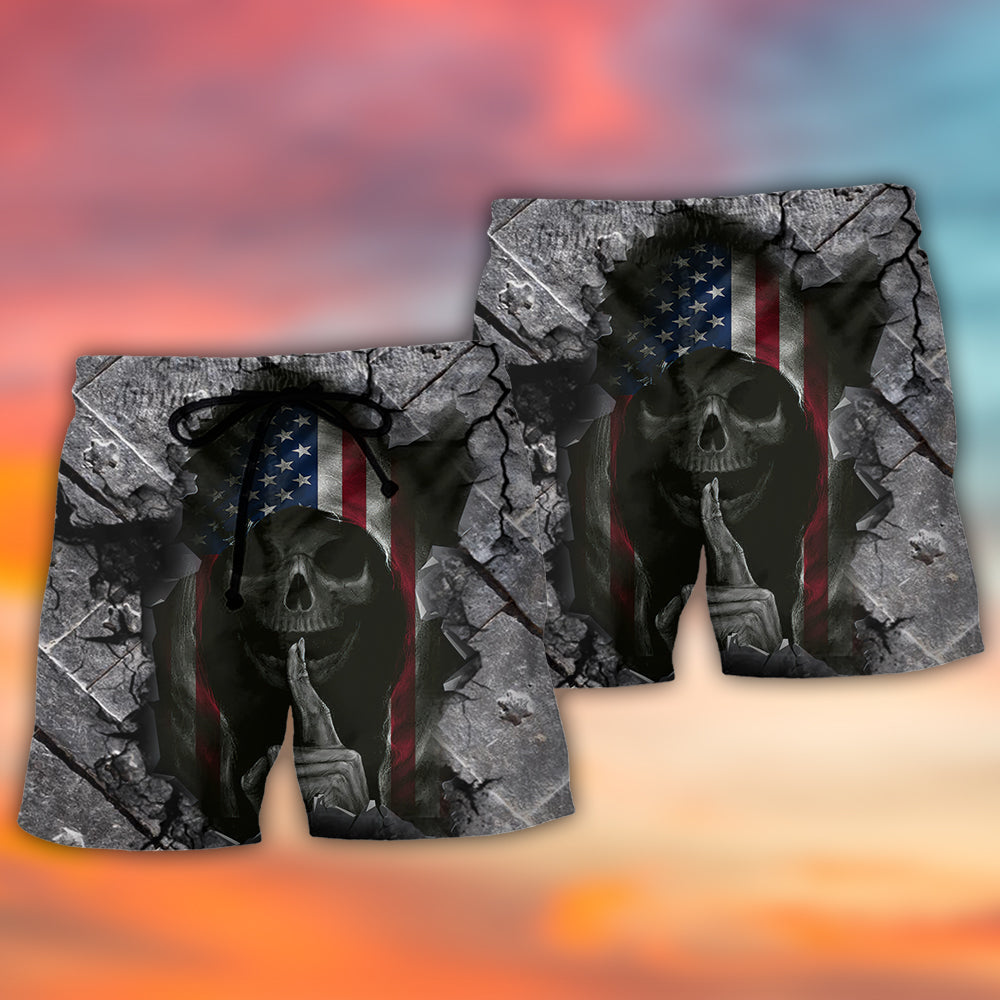Skull Dark USA Flag Wrought Iron Beach Shorts Design View For Comfortable Resort And Beach Styling